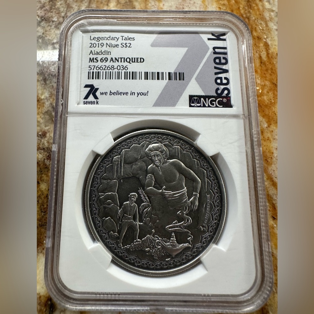 2019 $2 NIUE ANTIQUED SILVER LEGENDARY TALES ALADDIN NGC MS69 7K METALS LABEL❤️